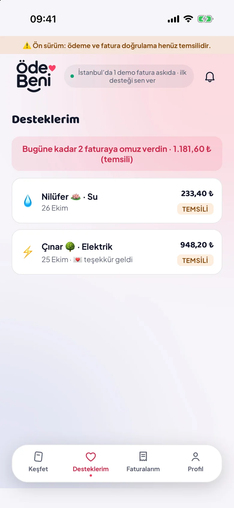 Desteklerim ekranı