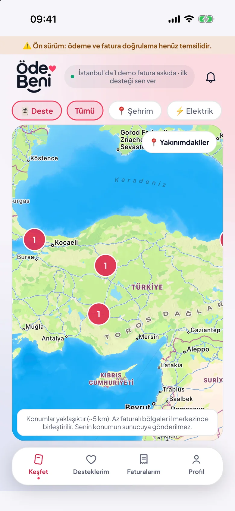 Askıdaki faturaların yaklaşık bölgelerini gösteren harita