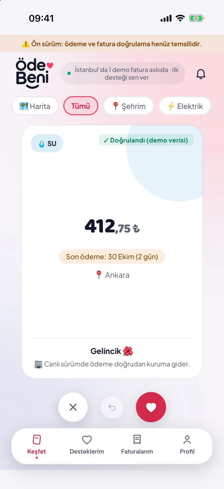 Keşfet ekranı: askıdaki bir su faturası kartı, sağa kaydırınca destek olunur