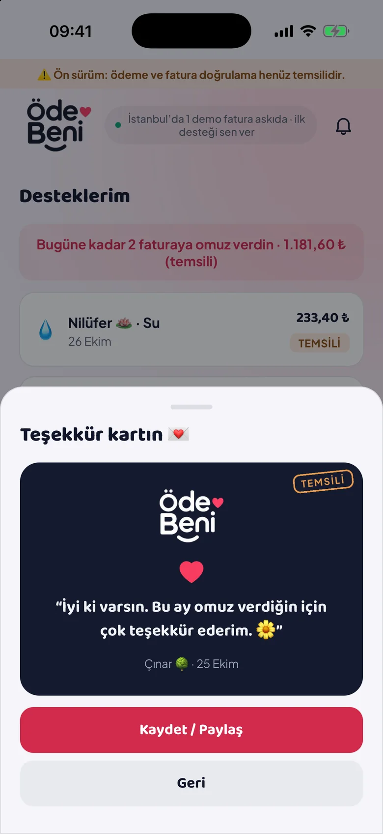 Teşekkür kartı ekranı